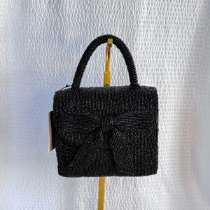 Black Beaded Mini Bow Top Handle Bag | Chain Strap | Evening Clutch | Rachel Zoe